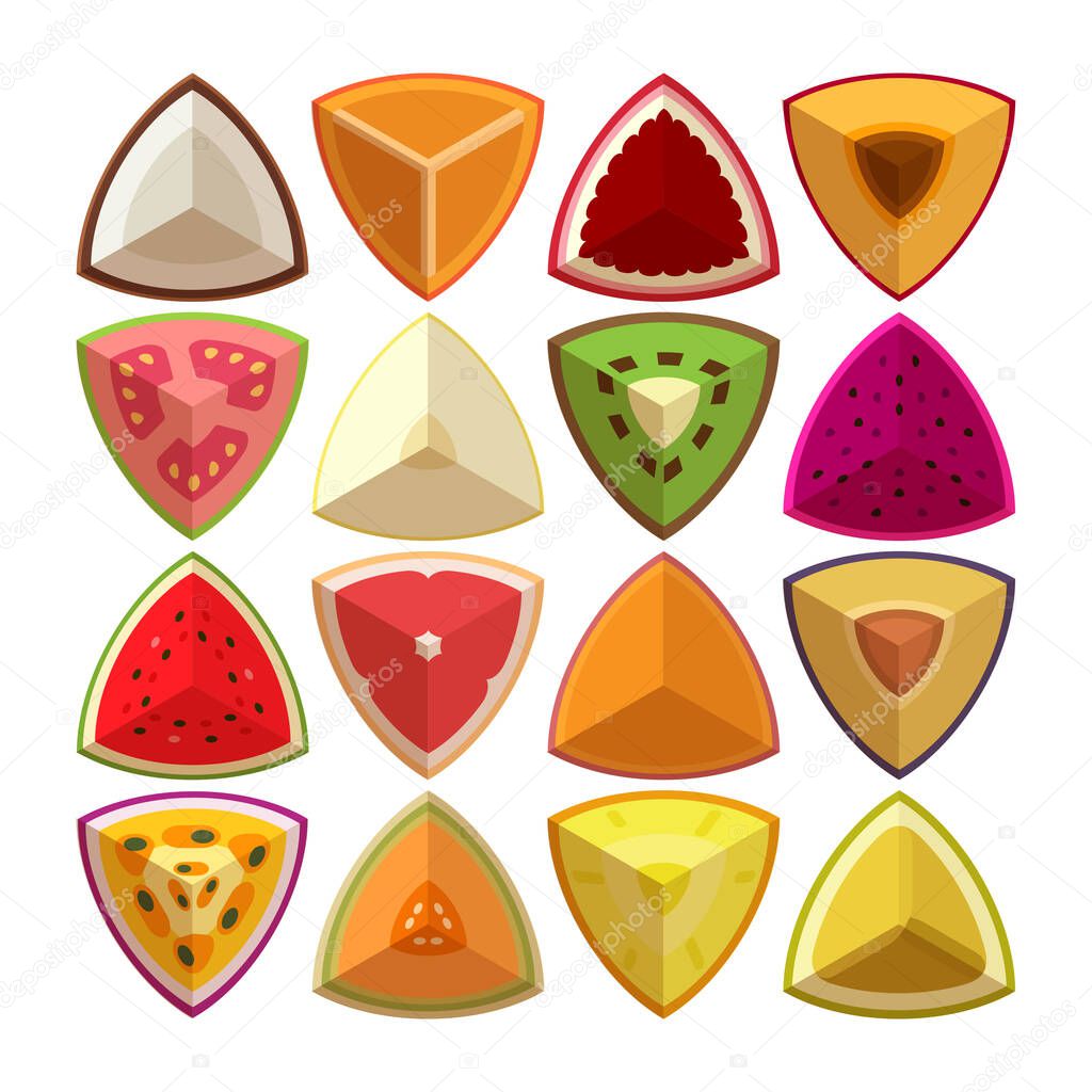 A set of Fresh Fruits quarters, Coconut, Persimmon, Red plum, Pomegranate, Guava, Pear, Kiwi, Dragon fruit, Watermelon, Grapefruit, Sweet potato, Passion Fruit, Melon, Durian, Pineapple, flat vector.