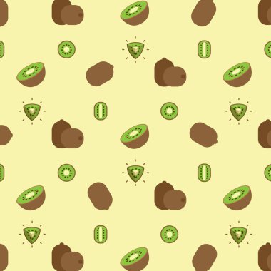Yeşil Kahverengi Kivi pürüzsüz desen, marketler için taze Kivi ürünü amblemi, Slaytlar, uzun ve çapraz kesitler, ve farklı pozisyonlar, sebze ve meyvelerin basit düz vektör çizimi.