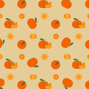 Mandarin dikişsiz desen, manavın taze mandalina ürünü amblemi, Slaytlar, uzun ve çapraz kesitler, ve farklı pozisyonlar, sebze ve meyvelerin basit düz vektör çizimi.