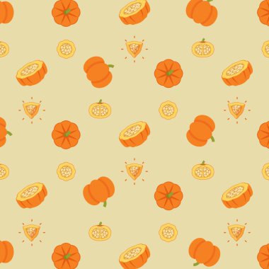 Pumpkin seamless pattern, Farm fresh Pumpkin product emblem for grocery shop, Slides, long and cross sections, and different positions, simple flat vector illustration of vegetables and fruits. clipart