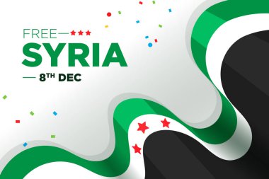 Suriye 'nin yeni bayrağı, Suriye' nin sembolü, Suriye ulusal bayrağı ile dalgalı kurdele, Suriye için Özgürlük. 8 Aralık, Ulusal Gün, Vektör illüstrasyonu.
