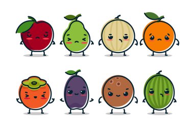 Farklı duyguları olan bir grup tatlı meyve karakteri, basit elma, kavun, guava, şeftali, hurma, kırmızı şeftali, karpuz, hindistan cevizi, basit düz vektör çizimi.