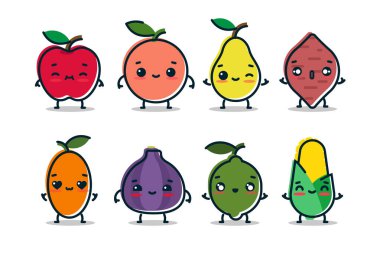 Farklı duyguları olan bir grup tatlı meyve karakteri, küçük kumkatlar, elma, greyfurt, armut, tatlı patates, incir, limon, mısır, düz vektör çizimi..