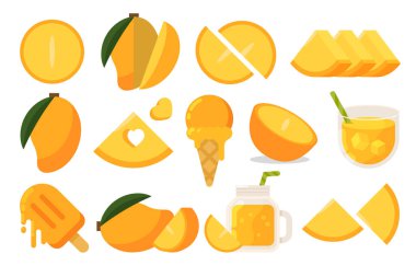 Portakallı mango, marketler için taze mango amblemi, dondurma koleksiyonu, meyve suyu kavanozu, meyve suyu, dondurma külahı ve sopa, meyvelerin basit düz vektör çizimi..