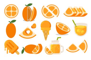 Portakallı Kumquat, marketler için taze Kumquat amblemi dondurma, meyve suyu kavanozu, meyve suyu, bir bardak meyve suyu, dondurma külahı ve sopa, meyvelerin basit düz vektör çizimi..