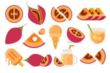 Morumsu Tamarillo seti, marketin taze Tamarillo amblemi, dondurma koleksiyonu, meyve suyu kavanozu, bir bardak meyve suyu, dondurma külahı ve sopa, meyvelerin basit düz vektör çizimi..
