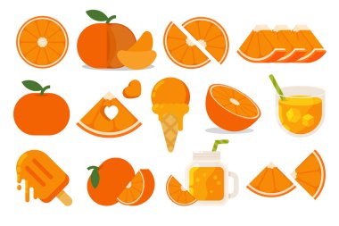 Portakallı mandalina, mandalina ürünü amblemi, dondurma, meyve suyu kavanozu, meyve suyu, bir bardak meyve suyu, dondurma külahı ve sopa, meyvelerin basit düz vektör çizimi..