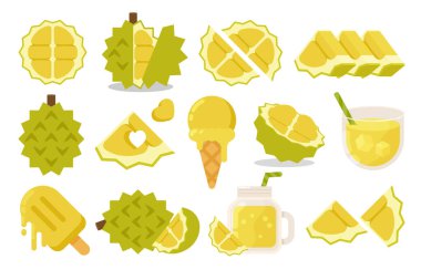 Sarı Durian seti, marketler için taze Durian amblemi, dondurma koleksiyonu, meyve suyu kavanozu, meyve suyu, dondurma külahı ve sopa, meyvelerin basit düz vektör çizimi..