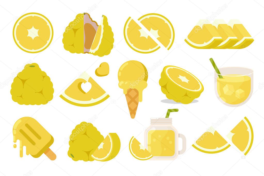 Set of Yellow Ugli fruit, Farm fresh Jamaican tangelo product emblem, collection of ice cream, Juice jar, glass of juice, ice cream cone and stick, simple flat vector illustration of fruits.