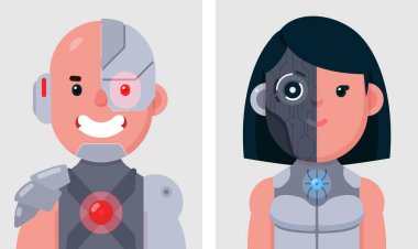 Sayborg insanların düz portreleri. Renkli çizgi film karakterlerinin koleksiyonu. Robot kadın ve erkek, profil resmi, vektör illüstrasyonu..