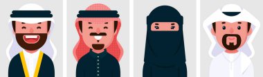 Suudi Arabistan halkının düz portreleri. KSA 'nın geleneksel elbisesini giyen Arap kadın ve erkek çizgi film karakterlerinin koleksiyonu, profil resmi, vektör illüstrasyonu.