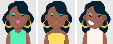 Dalgalı saçlı, mutlu siyah bir kadının düz portreleri. Renkli çizgi film karakteri, farklı pozlar ve kıyafetler içindeki zarif kadın koleksiyonu, profil resimleri, vektör illüstrasyonu.