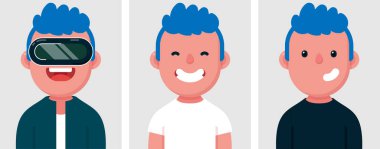 Mavi saçlı mutlu bir adamın düz portreleri VR gözlük takıyor. Renkli çizgi film karakteri koleksiyonu farklı pozlar ve kıyafetler, profil resimleri, vektör illüstrasyonu.