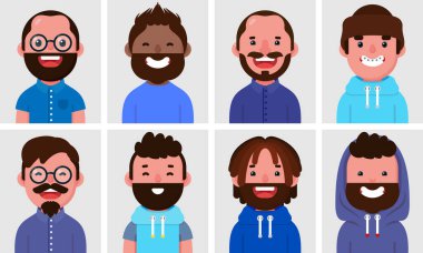 Mutlu adamların düz portreleri. Renkli çizgi film karakterleri koleksiyonu. Farklı kıyafetlerdeki adamlar, profil resimleri, vektör illüstrasyonları..