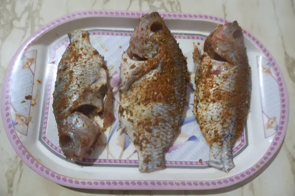 stock image fried fish with spices and herbs