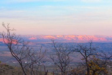 Jerome, Arizona 'dan gün batımında Verde Vadisi' nde görüldüğü gibi. Ölü ağaçların dalları ön planda..