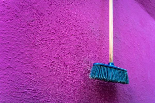 Titolo Close Broom Fuchsia Pink Background Concept Hygiene Cleanliness Colorful Stock Photo