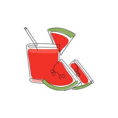 Bir bardak taze karpuz suyu. Kırmızı kavrulmuş meyve. Minimalist bir sanat tarzında meyve ve meyve suyunun el çizimi illüstrasyonuName.