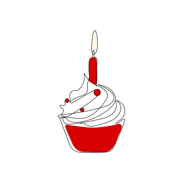 Geburtstagskuchen Mit Sahne Und Kerze Handgezeichnetes Festdessert Eine Einzige Linienvektorabbildung — Stockvektor