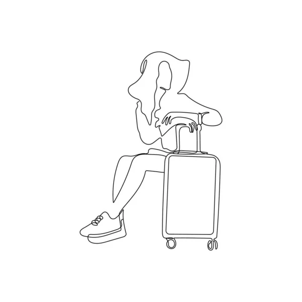 Travel Girl Suitcase One Continuous Line Drawing Woman Waiting Trip — Stock Vector