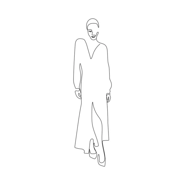 Model Girl Wearing Long Dress One Line Drawing Woman Elegant — Stock Vector