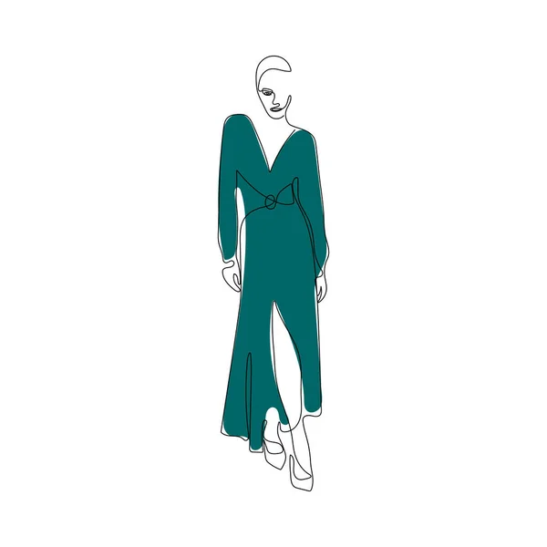 Modèle Fille Portant Longue Robe Colorée Style Dessin Une Ligne — Image vectorielle