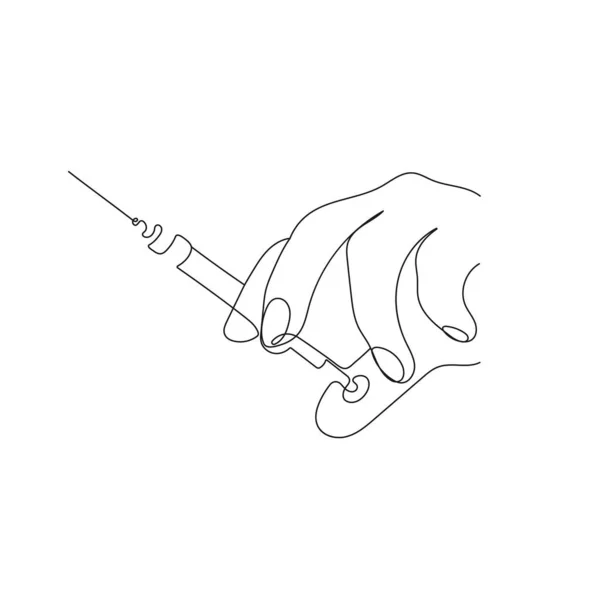 Hand Holding Syringe Needle One Line Art Vaccination Health Care — Stock Vector