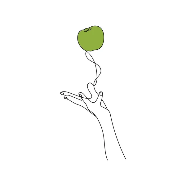 Mano Lanzando Manzana Verde Aire Una Línea Arte Ilustración Vectorial — Vector de stock
