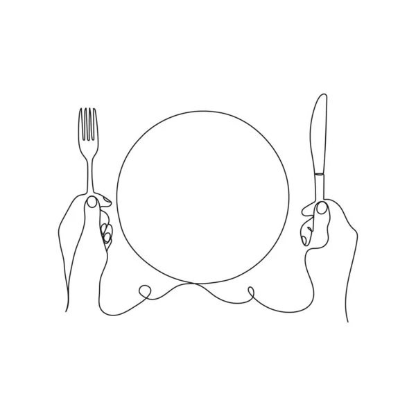 Pusty Talerz Ręce Trzymające Sztućce Widelec Nóż Obiad Ustawiony Koncepcja — Wektor stockowy
