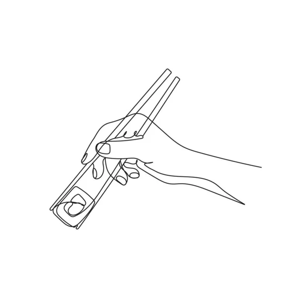 Χέρι Κρατώντας Chopstick Φάει Ρολό Σούσι Μία Γραμμή Τέχνης Χειροκίνητη — Διανυσματικό Αρχείο