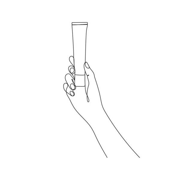 Mão Segurando Tubo Creme Cosmético Uma Linha Arte Mão Mostrando —  Vetores de Stock