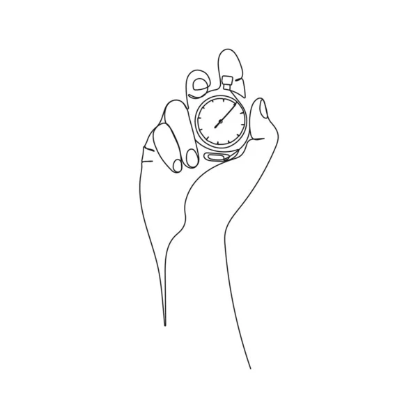 人的手握住秒表 一行艺术 比赛的计时器 测量和时间管理概念 矢量说明 — 图库矢量图片