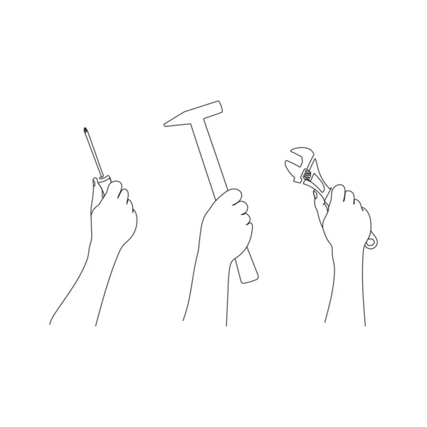 Ανθρώπινα Χέρια Έχουν Εργαλεία Επισκευής Εργαλεία Εργασίας Σφυρί Κλειδί Κατσαβίδι — Διανυσματικό Αρχείο