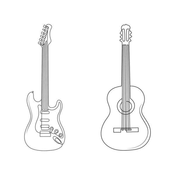 Guitarra Elétrica Acústica Uma Linha Arte Instrumentos Musicais Desenhados Mão — Vetor de Stock
