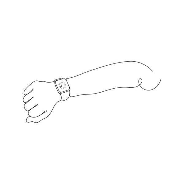 人类的手指示着一个腕表 一行艺术 手腕上的智能手表 手绘矢量图解 — 图库矢量图片