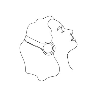 Kulaklıklı müzik dinleyen bir kadın. Bir satır sanat eseri. El çizimi vektör illüstrasyonu.