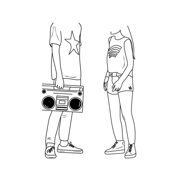 Teenager Lebensstil Junge Frau Und Mann Mit Boombox Jugendstilkonzept Handgezeichnete — Stockvektor