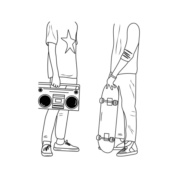 Teenager Lebensstil Junge Männer Mit Boombox Und Skateboard Jugendstilkonzept Handgezeichnete — Stockvektor