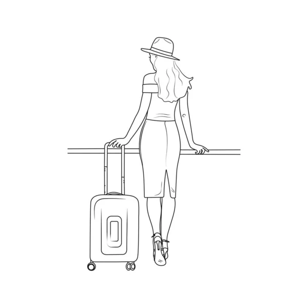 Bagajlı Gezgin Kadın Bavullu Genç Bir Kadın Seyahat Konsepti Çizimi — Stok Vektör