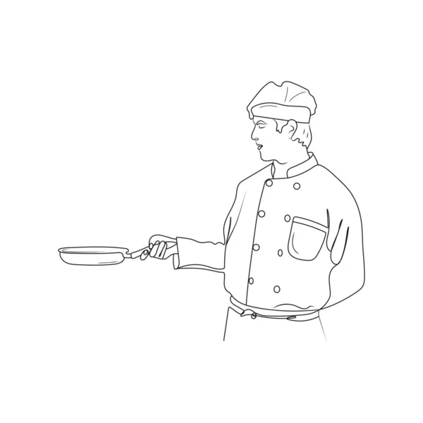 料理長 料理人は料理を作る 線画だ 手描きベクトルイラスト — ストックベクタ