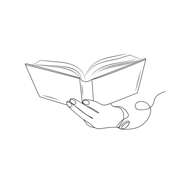 Рука Держит Открытую Книгу Линейный Рисунок Чтение Концепция Образования Векторная — стоковый вектор