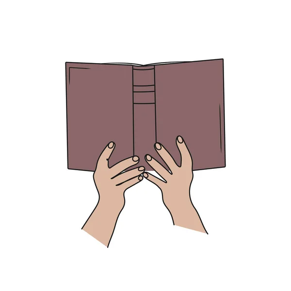 Χέρια Κρατούν Ανοιχτό Βιβλίο Γραμμικό Σχέδιο Τέχνης Διάβασμα Εκπαίδευση Χειροκίνητη — Διανυσματικό Αρχείο