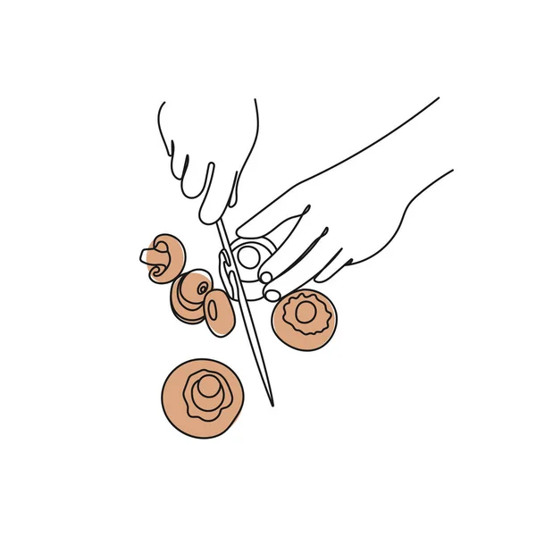 Mãos Cortando Cogumelos Champignon Com Faca Arte Linha Ilustração Vetorial —  Vetores de Stock