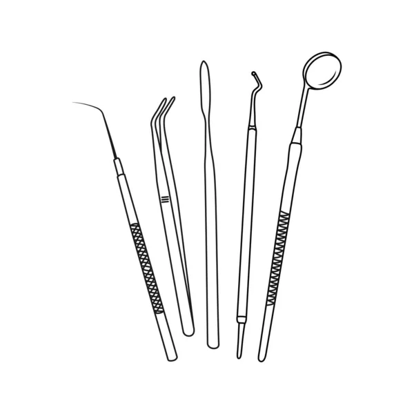 Instrumentos Dentários Desenho Linha Conjunto Ferramentas Dentárias Assistência Médica Dentária — Vetor de Stock