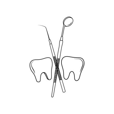 Diş ve diş aletleri. Çizgi çalışması. Diş sağlığı konsepti. El çizimi vektör illüstrasyonu.
