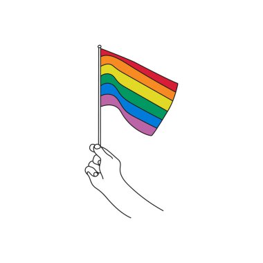 El ele tutuşan gökkuşağı bayrağı. LGBT sembolü. Çizgi çalışması. Gurur, özgürlük bayrağı. El çizimi vektör illüstrasyonu.