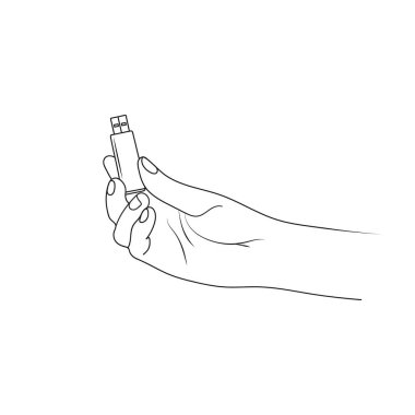 El flaş bellek tutuyor. Depolama medyası. Tek çizgi çizme vektör illüstrasyonu.