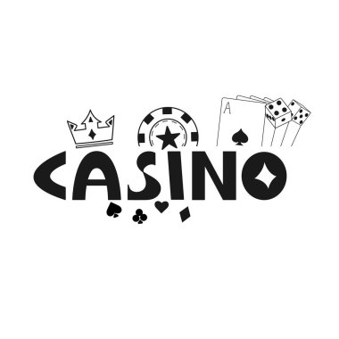 Casino word featuring with gambling elements. Vector illustration. Crown, poker chips, playing cards, dice. Gaming and entertainment industries concept. clipart