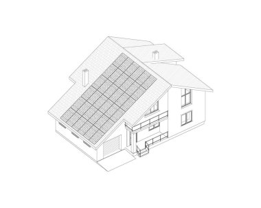 Çağdaş, güneş panelleri olan banliyö evi. İzole edilmiş 3B vektör.