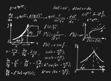 Klasik eğitim ve bilimsel geçmiş. Tahtadaki trigonometri teorisi ve matematiksel formül denklemi. Vektör el çizimi illüstrasyon.